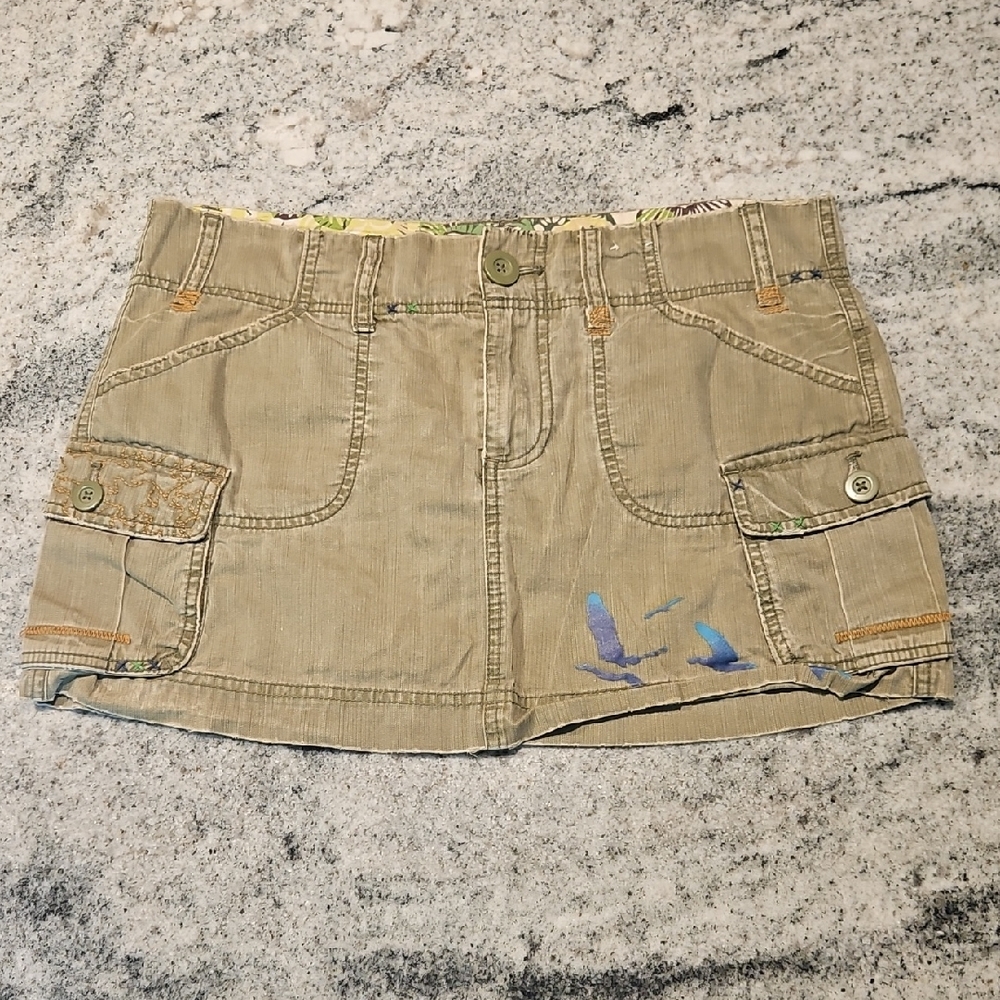 Olive Green Mini Cargo Skirt with Bird Embroidery